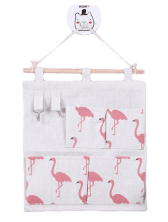 Katoenen wandzak roze- 4 zakken en 2 haakjes - flamingo thema