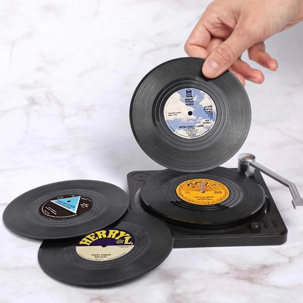 Vinyl Platen (LP) Onderzetters met Platenspeler - Set van 6